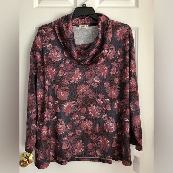 ONEWORLD WOMEN'S PLUS SIZE 2X SWEATSHIRT PULLOVER COWL NECK FLORAL KNIT - Picture 2 of 6